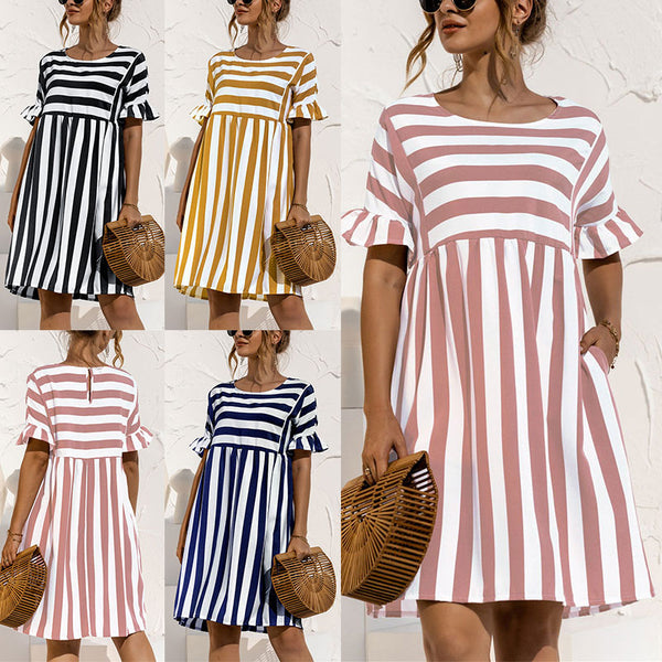 Women Fashion Skirt Striped Printed Short Sleeve Round Neck Casual Dress Ruffles