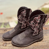 Women's Western Boots Cowboy Mid-Calf Round Toe Leather Shoes Black US Size 10