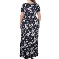 Womens Floral Printed Crew Neck Maxi Dresses Short Sleeves Plus Size Swing Dress