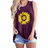 Women's Round Neck Sleeveless Loose Tank Sunflower Printed Pullover Hips Length