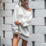 Women's Casual One Shoulder Knitted Mini Dress Puff Sleeve Short Sweater Dresses