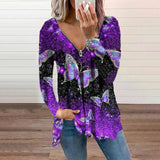 Womens Butterfly Print V Neck Zip T-shirt Long Sleeve Pullover Casual Loose Tops
