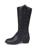 Women's Fashion Embroidery Western Chunky Pointed Toe Mid Calf Boots