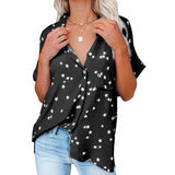 Button Up Blouses for Women Casual Loose V Neck Shirt Plus Size Star Print Summer Short Sleeve Tops with Pocket