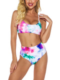 Women Tie Dye Two Piece Bikini Set High Waist Padded Swimsuit Swimwear Beachwear
