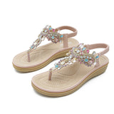 Women's Flat Sandals T-Strap Boho Style Rhinestone Flower Bead Summer Sandals
