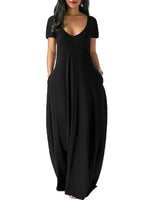 Women Solid Color Long Dress U Neck With Pockets Short Sleeve Comfortable Dress