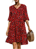 Ladies V-neck Flared Short Sleeves Cake Splicing Color Printed Casual Midi Dress