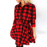 Women's Plaid Check V-Neck Long Sleeve A-Line Mini Dress Lace Up Casual Dresses
