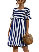 Women Fashion Skirt Striped Printed Short Sleeve Round Neck Casual Dress Ruffles