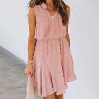 Women's Summer Chiffon Skirt Sleeveless Knee Length V Neck Dress Elastic Waist