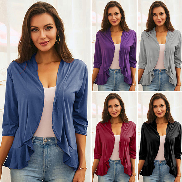 Women's Solid Color Ruffle Edge Midi Sleeve Cardigan Fashionable Commuting Tops