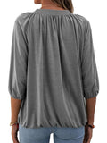 Women Solid Color Crew Neck Ruched 3/4 Sleeve Tops T-Shirt Blouse Pullover Tee