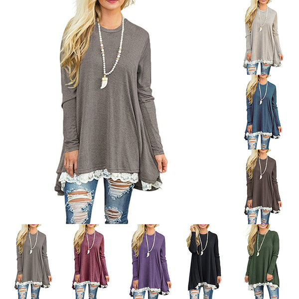 Women's Solid Color Mini Dress Casual Scoop Neck Lace Long Sleeve Pullover Dress