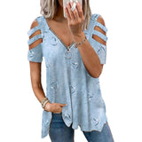 Women's Zipper V Neck Casual T-shirts Summer Hollow Short Sleeve Loose Fit Tops