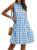 Women's Casual Ruffle Plaid Printed Midi Dress Sleeveless Swing Dress Sundress