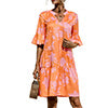 Ladies V-neck Flared Short Sleeves Cake Splicing Color Printed Casual Midi Dress