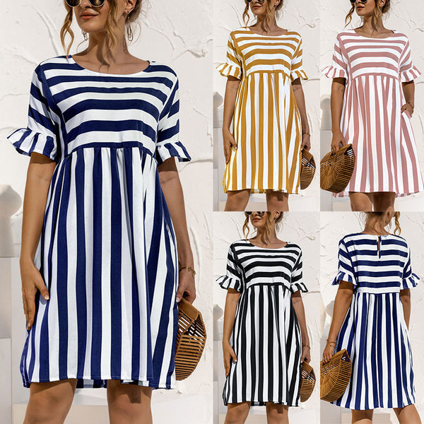 Women Fashion Skirt Striped Printed Short Sleeve Round Neck Casual Dress Ruffles