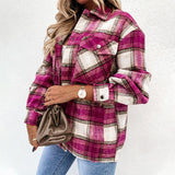 Women's Check Fleece Casual Jacket Shacket Top Shirt Coat Tunic Loose Baggy Coat