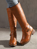 Women PU Leather Buckle Strap Design Boots Chunky Heel Zipper Casual Comfy Biking Boots