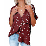 Women's Star Printed Button Up Shirt Lapel V-neck Bat Short-sleeve Blouse Shirt