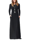 Women Tunic Waist Full Length Dress Solid Color Scoop Neck Slim Fit Long Sleeve
