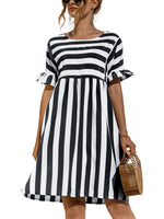 Women Fashion Skirt Striped Printed Short Sleeve Round Neck Casual Dress Ruffles