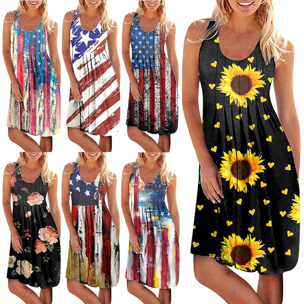 Women Printing Tank Dress Crew-Neck Sleeveless Mini Dress Summer Party Sundress