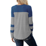 Women Long Sleeve Crew Neck Striped Print T-Shirt with Pocket
