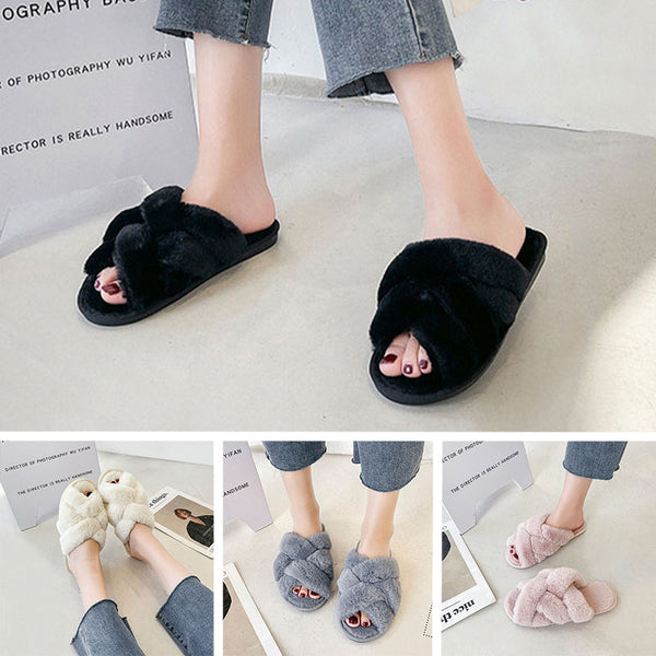 Women Cross Band Slippers,Soft Plush Fuzzy Open Toe Indoor Warm House Shoes