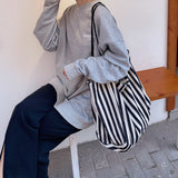 Striped Canvas Beach Tote Casual Daily Travel Shoulder Bag Handbag Shopping Bag