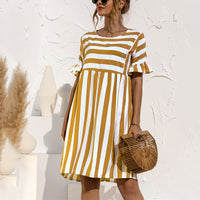 Women Fashion Skirt Striped Printed Short Sleeve Round Neck Casual Dress Ruffles