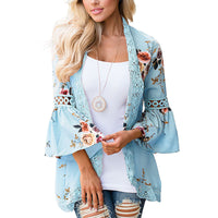 Lady Lace Hollow Flowers Flared Sleeve Open Front Outwear Casual Light Smock Top
