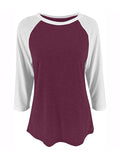 Women Color Matching Crew Neck 3/4 Sleeve T-Shirt Pullover Blouse Tops Tunic Tee
