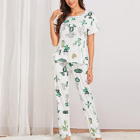 Women Short Sleeve Tops+Pants Round Neck Loungewear Sleepwear Outfit Graphic Print Pajama Set