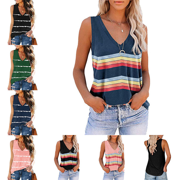 Women Stripe V-Neck Vest Tank Top Sleeveless T-Shirt Loose Pullover Blouse Tee