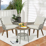 Goory Acacia Wood Chair Legs Woven-Rope Conversation Sets 3-Piece Bistro Set Zippered Cushion&Pillow Backyard Aluminium Frame Portable Patio Storage Shelf Under Top Gray Rope+Beige Fabric Garden Porch
