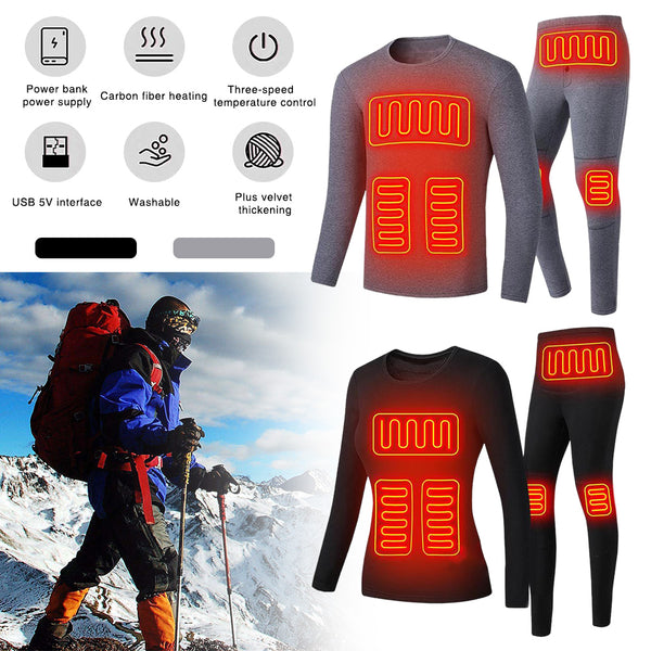 Ploreser Heated Underwear Shirt with Pants Washable USB Charging Electric Thermal Heating Insulated Clothes with 3 Level Temperature Setting Cold-Proof Underwear Men/Women Outdoor Winter Heating