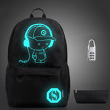 Spostyle Canvas School Backpack for Boys Girls College Anime Luminous Backpack 15.6 inch USB Lightweight Daypack Cartoon Bookbag Lunch Bag Pencil Case, Black/Gray
