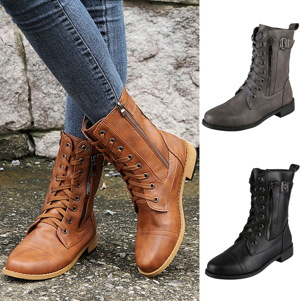 Women's Casual Combat Fashion Boots Lace Up Knee High Low Flat Heel Boots Shoes