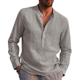 Men Solid Color Stand-Up Collar Shirt Blouse Casual Long Sleeve Top Tunic Pocket