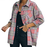 Women's Long Sleeve Plaid Tops Shirt Long Sleeve Button Loose Lapel Shirt Pocket