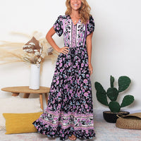 Lumento Women Floral Print Dress Summer V Neck Boho Dress Short Sleeve Long Maxi Dress