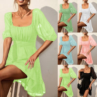 Women Elegant Party Short Mini Dress Half Short Sleeves Tunic Dress Summer Boho Beach Sundress Casual Flowy Dress