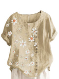 Women Crew Neck T-Shirt Daisy Printing Ruffles Short Sleeve Top Blouse Pullover