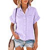 Women Solid Color Lapel Top Short Sleeve T-Shirt Blouse Casual Pullover Button