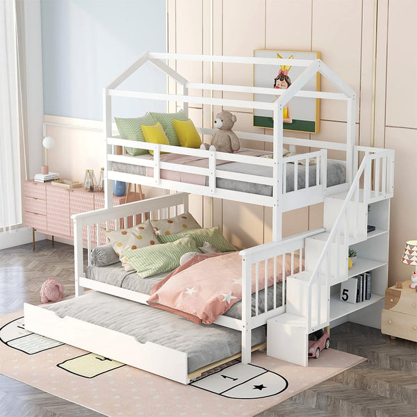 Goory Solid Wood Twin Over Full Bunk Bed With Roof,Kids House Bed With Guard Rail,Converts into 3 Separate Platform Beds,Children Floor Bed With Storage Staircase & Trundle  White