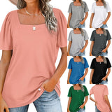 Women Loose Solid Color Ruched Tunic Short Sleeve Stripe T Shirts