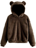 Ladies Rabbit Ear Fluffy Coat Fleece Hooded Solid Color Keep Warm Outwear Coat