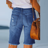 Women Tassel Skinny Stretch Ripped Midi Jeans Streetwear Summer Denim Short Pant